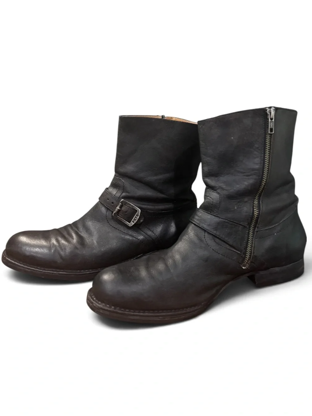 FRYE Black Leather Engineer Boots Mens 13 D Side Zip Biker Moto Made in Me